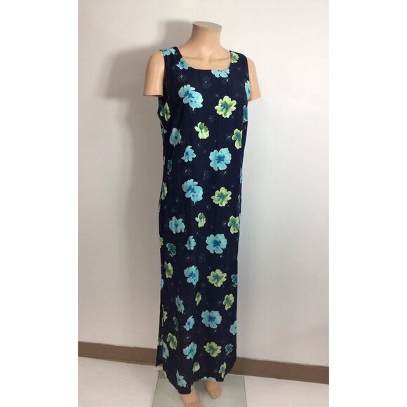 Blue Floral Maxi Dress Hawaiian Print Womens 12 - Picture 1 of 9